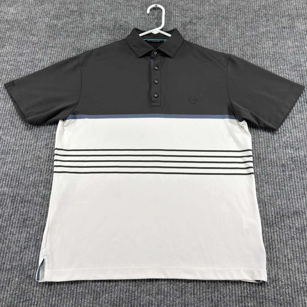 Devereux Polo Shirt Mens Medium Gray White Stripe Golf Performance Stretch
